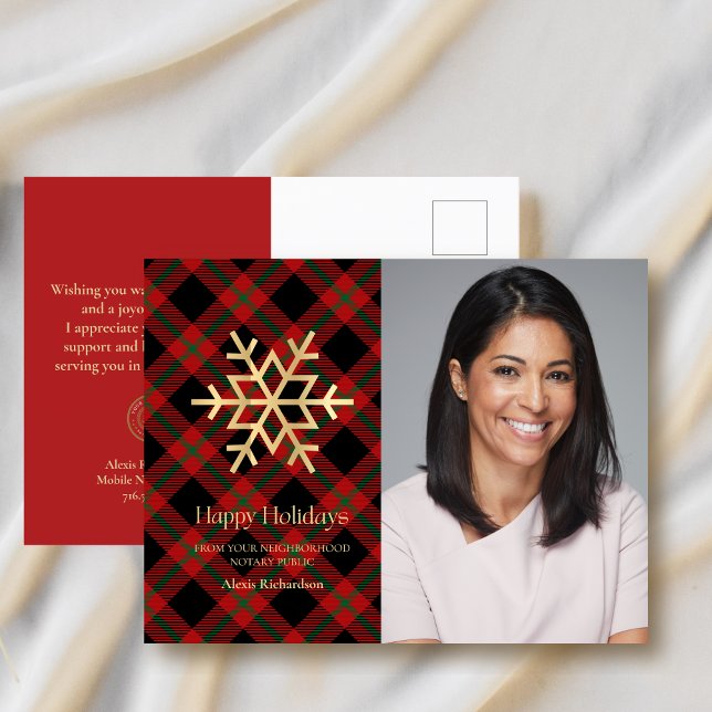 Modern Tartan Gold Snowflake Notary Happy Holidays Holiday Postcard (Creator Uploaded)