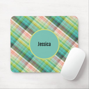 Modern Tartan Green Tan Plaid Monogram Mouse Pad