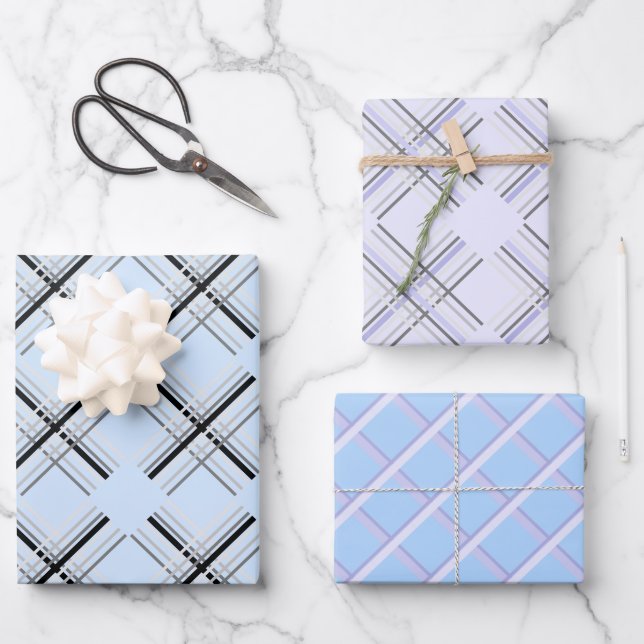Modern Tartan In Blue White And Black Wrapping Paper Sheet (Front)