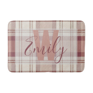 Modern Tartan Pink Cream Plaid Monogram Bath Mat