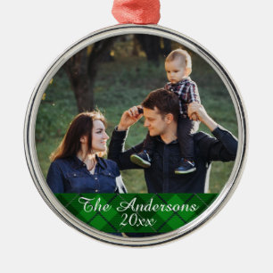 Modern Tartan Plaid Custom Family Photo Silver Metal Ornament