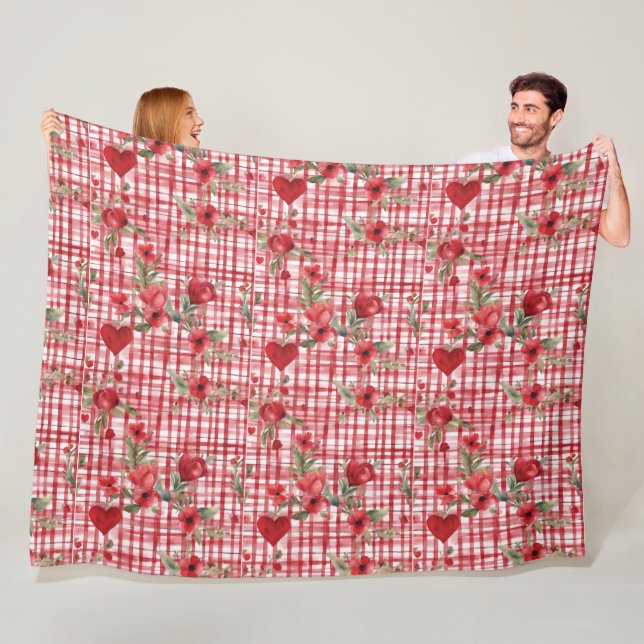 Modern Tartan Red Floral Pattern   Fleece Blanket (In Situ)