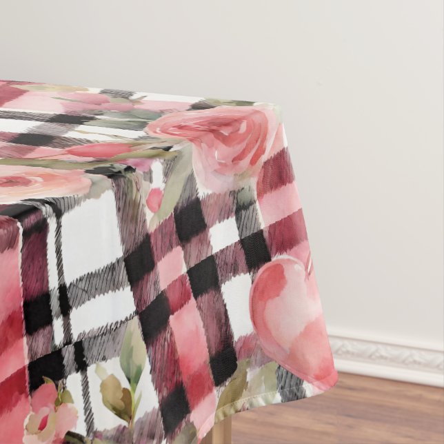 Modern Tartan Red Floral Pattern   Tablecloth (In Situ)