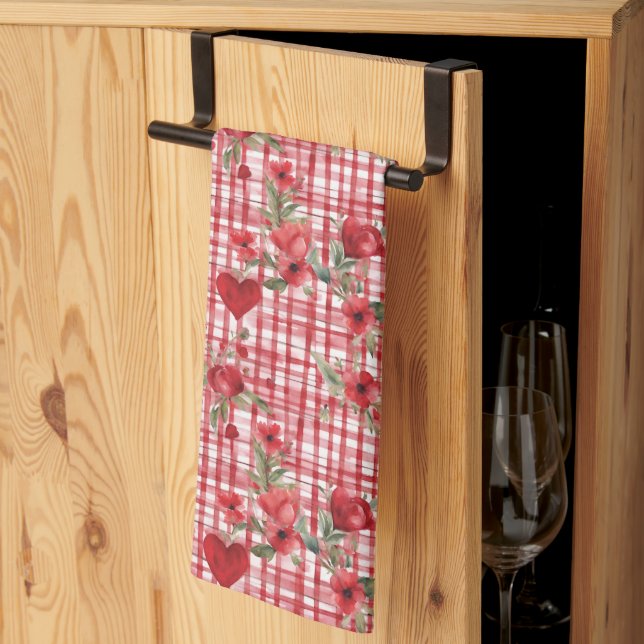 Modern Tartan Red Floral Pattern   Tea Towel (Thirds Fold)