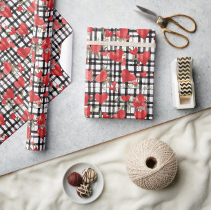 Modern Tartan Red Heart Pattern Wrapping Paper