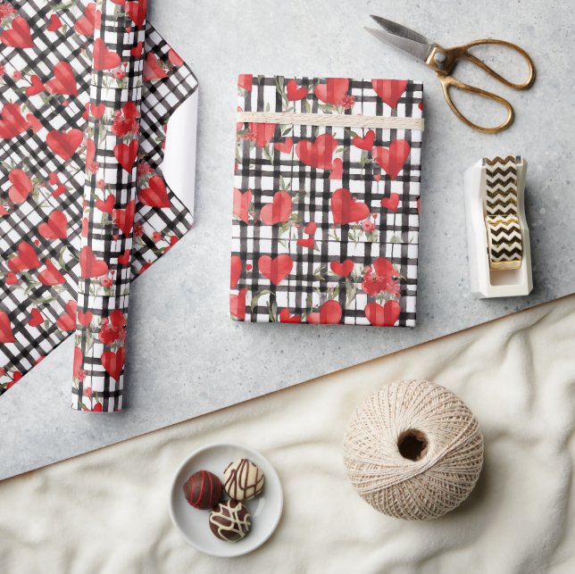 Modern Tartan Red Heart Pattern   Wrapping Paper (Crafts)