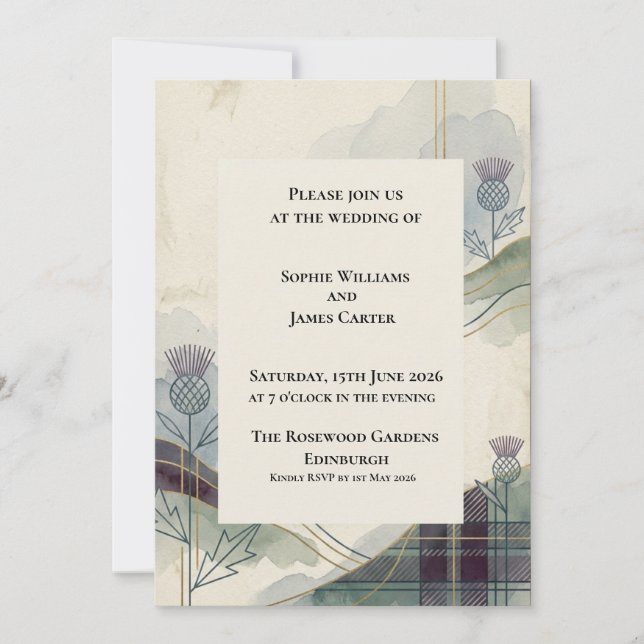 Modern Tartan Thistle Scottish Wedding Invitation (Front)