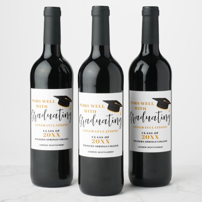 Modern Tassel Grad Cap Elegant Script Graduation Wine Label (Bottles)