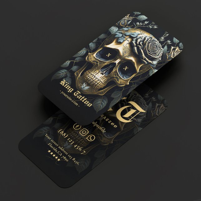 Modern Tattoo Artist Floral Skull Gold Gothic Business Card (Modern Tattoo Artist Floral Skull Gold Gothic Business Card
)