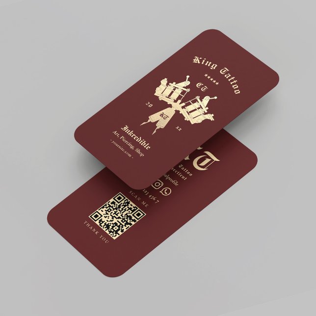 Modern Tattoo Artist Monogram Gold Dark Red QR Business Card (Modern Tattoo Artist Monogram Gold Dark Red QR Business Card
)