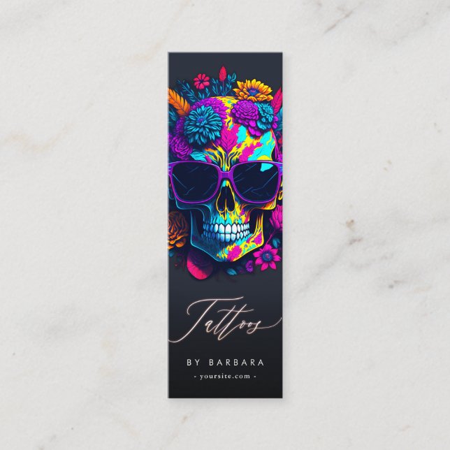 Modern Tattoo Artist Skull Roses Blue Purple Pink Mini Business Card (Front)