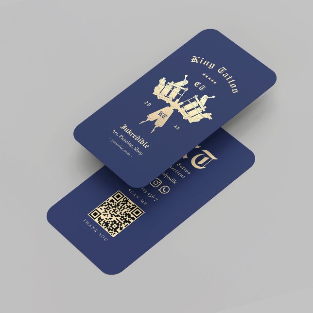 Modern Tattoo Artist Tattoo Shop Gold Blue QR Business Card (Modern Tattoo Artist Tattoo Shop Gold Blue QR Business Card
)