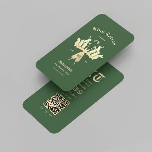Modern Tattoo Artist Tattoo Studio Gold Green QR Business Card