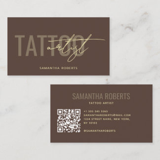 Modern tattoo artist tattooist QR Code brown Business Card