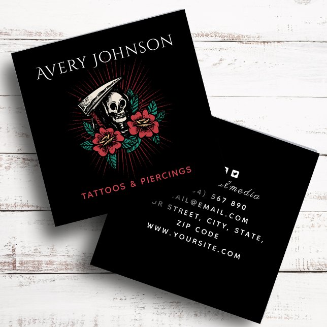 Modern Tattoo & Piercing Scary Floral Skeleton Square Business Card (Creator Uploaded)