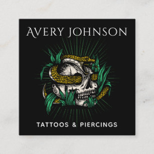 Modern Tattoo & Piercing Scary Skull &Yellow Snake Square Business Card