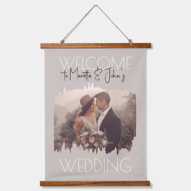   Modern Taupe Add Your Photo Wedding Welcome Sign Hanging Tapestry (Front)