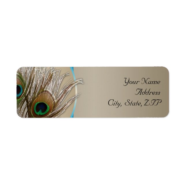Modern Taupe Aqua Peacock Feather Return Address Label (Front)