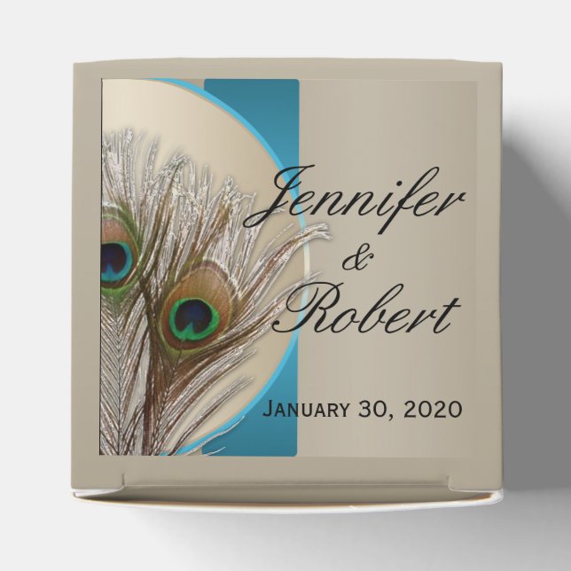 Modern Taupe Aqua Peacock Feather Wedding Favour B Box (Top)