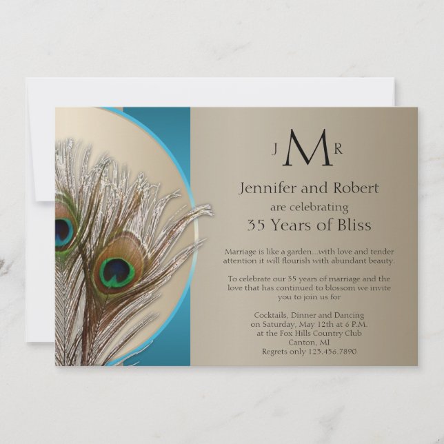 Modern Taupe Aqua Peacock Wedding Anniversary Invitation (Front)