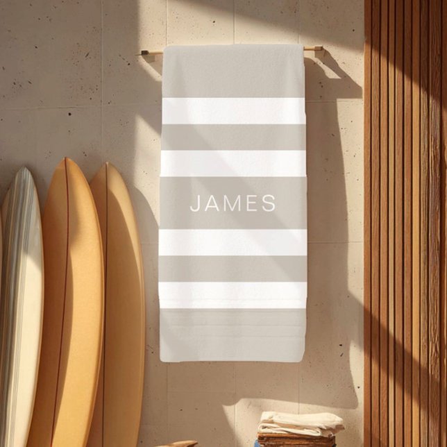 Modern Taupe Beige Striped Name Beach Towel (Modern Taupe Beige Striped Name Beach Towel)