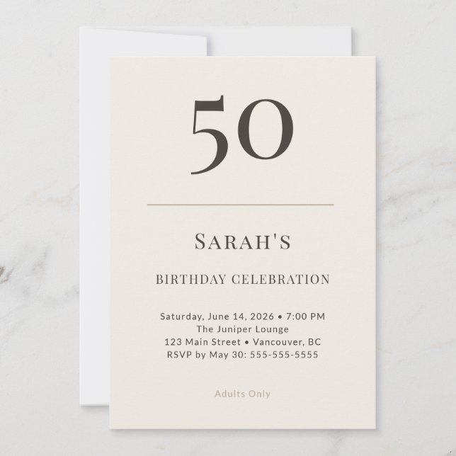 Modern Taupe & Cream 50th Birthday Celebration Invitation (Front)