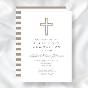 Modern Taupe Cross Boy First Communion Invitation