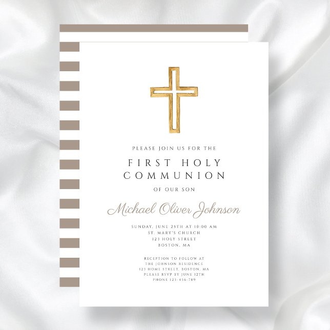 Modern Taupe Cross Boy First Communion Invitation (Modern Taupe Cross Boy First Communion Invitation)