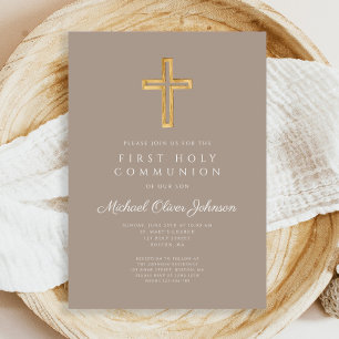 Modern Taupe Cross Religious Boy First Communion Invitation