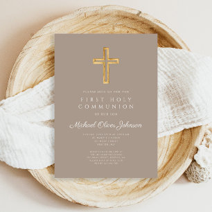 Modern Taupe Cross Religious Boy First Communion Invitation