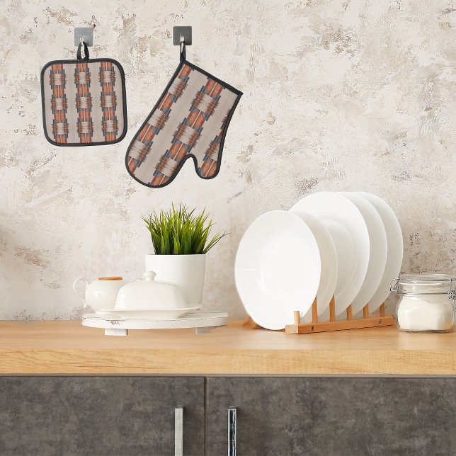 Modern Taupe Denim and Rust  Oven Mitt & Pot Holder Set (Creator Uploaded)