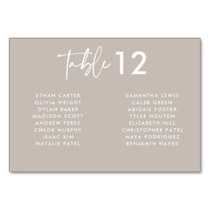 Modern Taupe Handwritten Script Names Wedding  Table Number