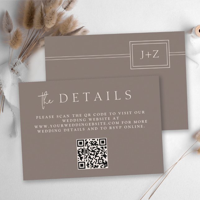 Modern Taupe Minimalist Monogram QR Code Details Enclosure Card (Creator Uploaded)
