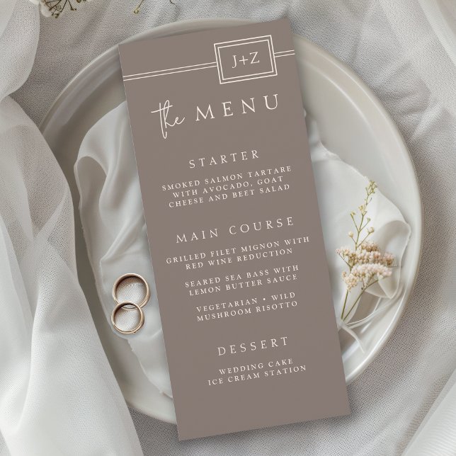 Modern Taupe Minimalist Monogram Wedding Menu (Creator Uploaded)