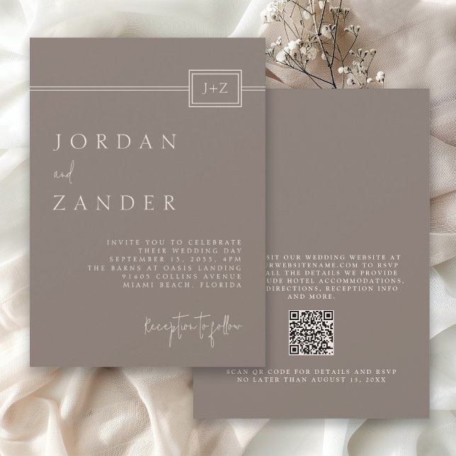 Modern Taupe Minimalist Monogram Wedding QR Code Invitation (Available in both printed and instant download digital formats.)