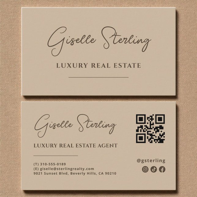 Modern Taupe Minimalist Script QR Code Business Card (Creator Uploaded)