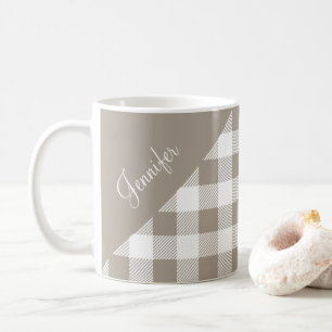Modern Taupe Plaid Pattern Name Coffee Mug