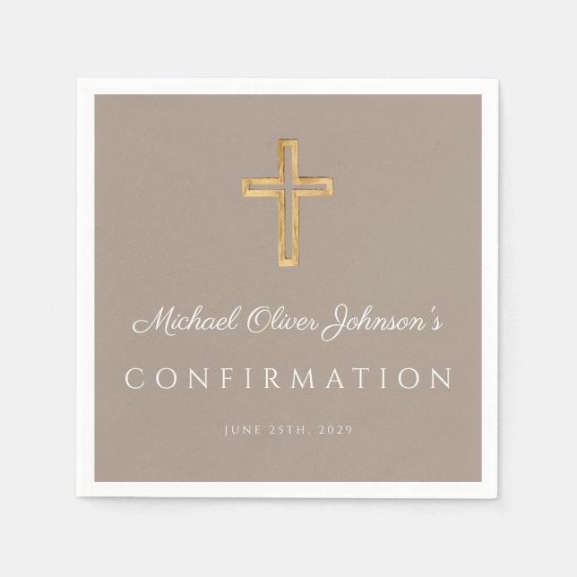Modern Taupe Religious Cross Boy Confirmation Napkin (Front)