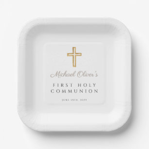Modern Taupe Religious Cross First Communion Paper Plate
