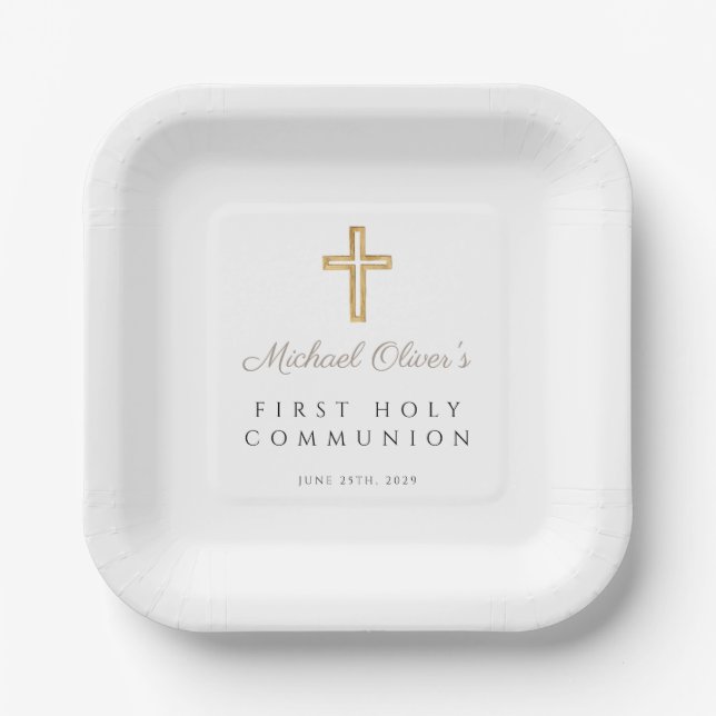 Modern Taupe Religious Cross First Communion Paper Plate (Front)
