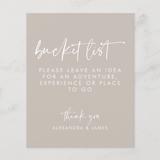 Modern Taupe Script Wedding Bucket List Sign (Front)