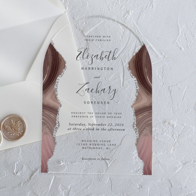 Modern Taupe Silver Agate Wedding Arch Acrylic Invitations (Creator Uploaded)