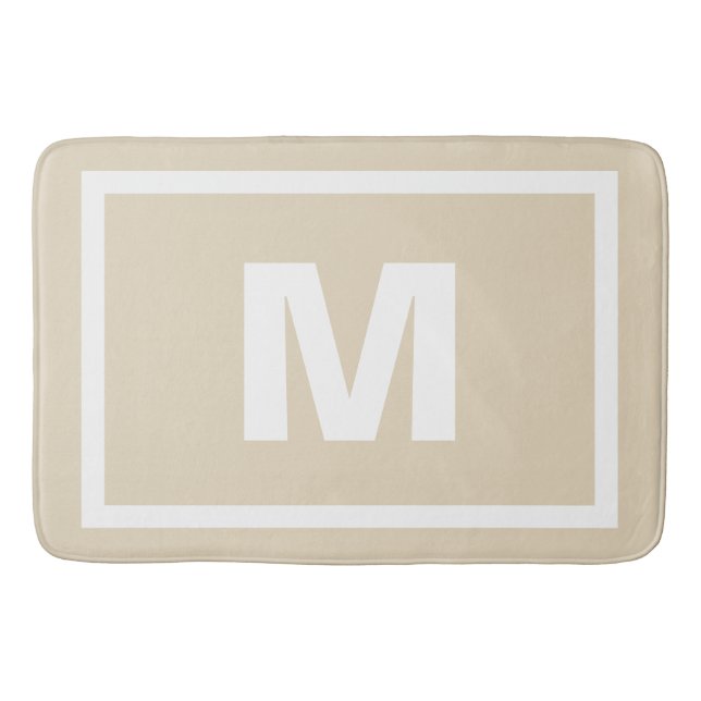 Modern Taupe Simple White Frame & Monogram Letter Bath Mat (Front)