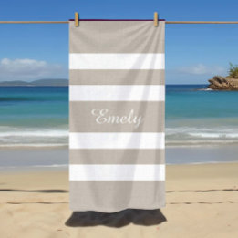 Modern Taupe Striped Name Beach Towel