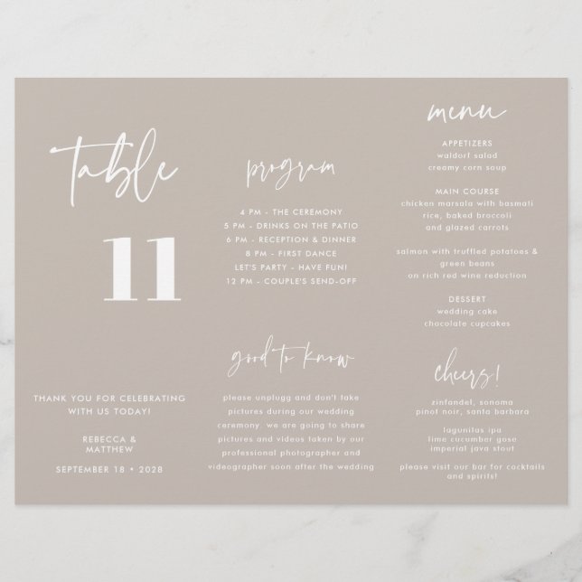Modern Taupe Wedding Menu Program Trifold (Front)