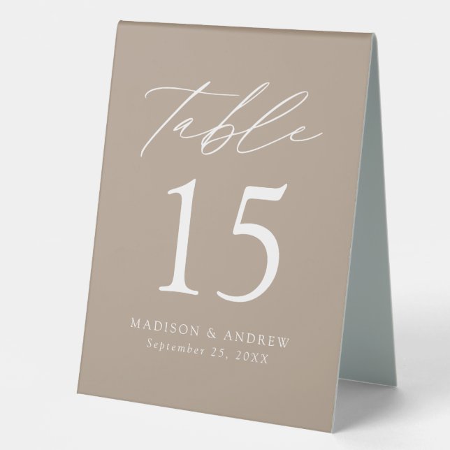 Modern Taupe Wedding Table Number (Front)