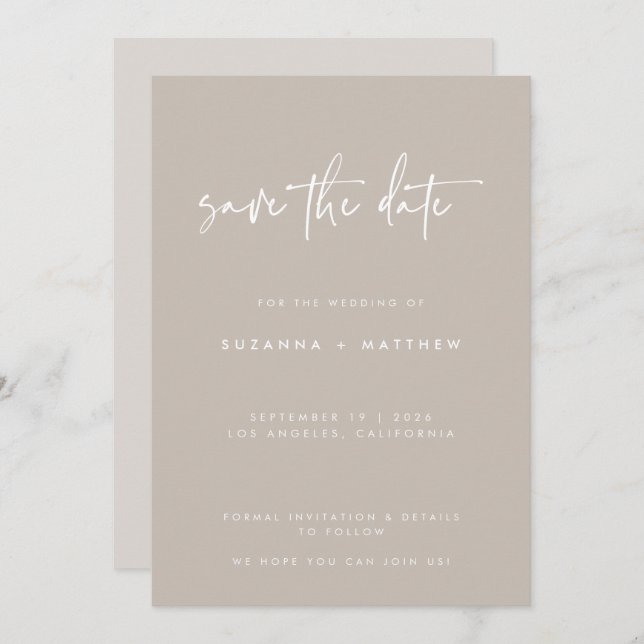 Modern Taupe White Handwritten Calligraphy Wedding Save The Date (Front/Back)