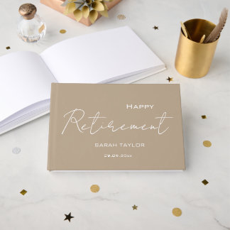 Modern Taupe White Happy Retirement Personalised  Guest Book