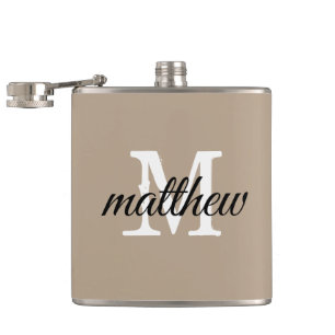 Modern Taupe & White Name Monogram Personalized  Hip Flask