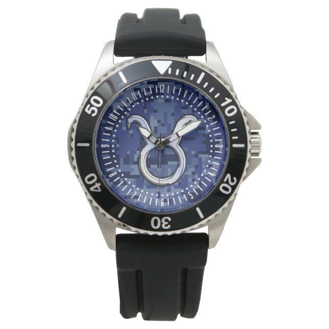 Modern Taurus Zodiac Sign Blue Camouflage Dial Watch (Front)